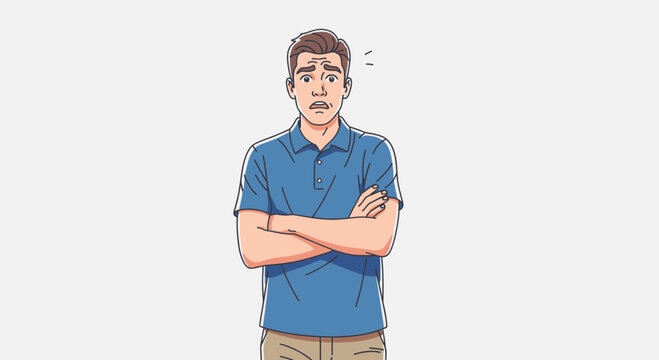 Confused Man Standing Arms Crossed Expressing Doubt.