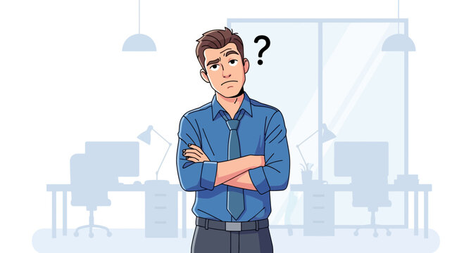 Confused Man Standing Arms Crossed in Office Environment.