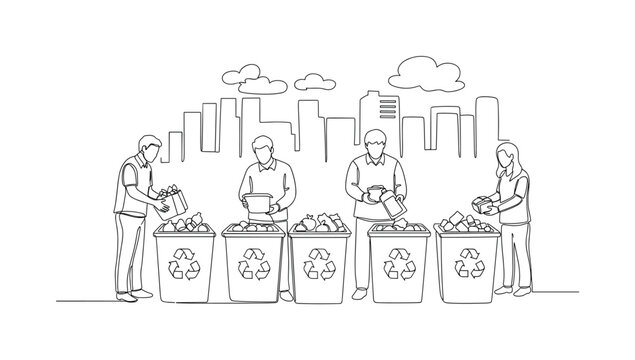 Sustainable Community. Minimalistic one-line drawing residents placing items in separate recycling containers, continuous single black line on white