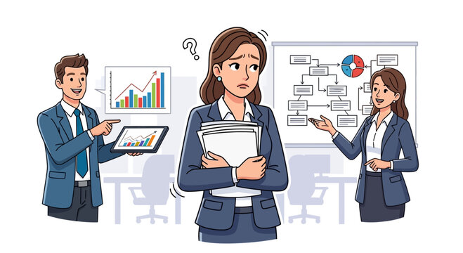 Confused Woman Holding Papers Amidst Business Presentation.