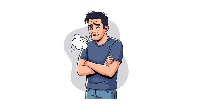 Man Coughing With Arms Crossed Feeling Unwell.