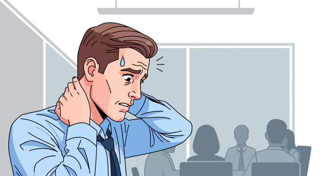 Man Experiencing Stress and Discomfort in Office Setting.