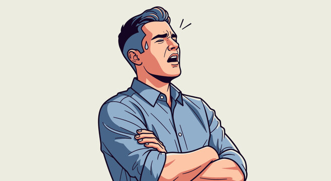 Man Expressing Frustration with Arms Crossed.