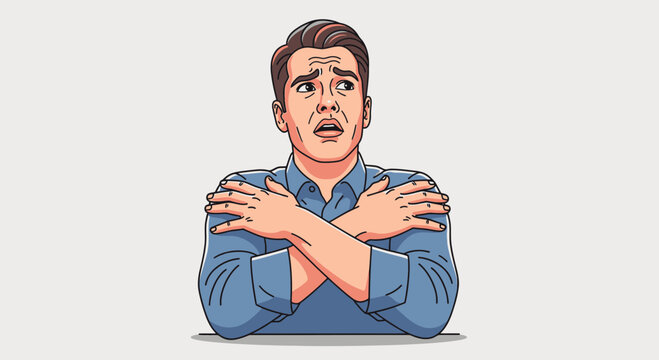 Man Hugging Himself Looking Scared and Anxious.