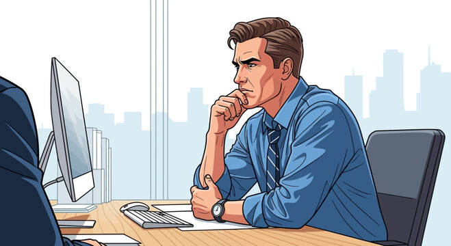 Man in blue shirt thinking deeply at desk.