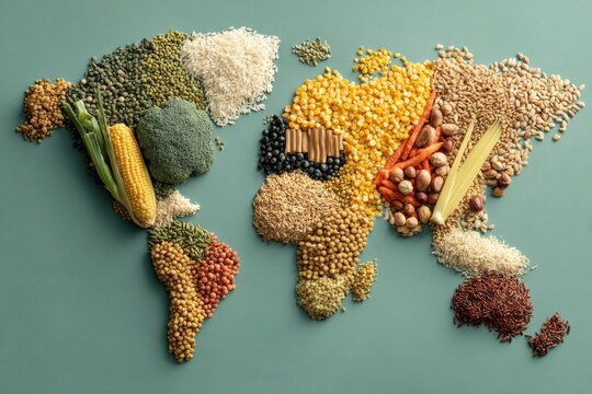 A visual celebration of sustainable farming and global nutritional unity. Modern style. Corn and nuts compose a colorful, detailed world map of global nutrition. Blank background.