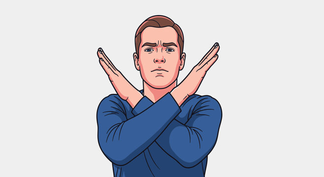 Man making a stop gesture with his arms crossed.