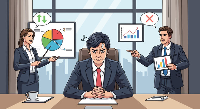 Man in suit looking stressed at desk with colleagues presenting data.