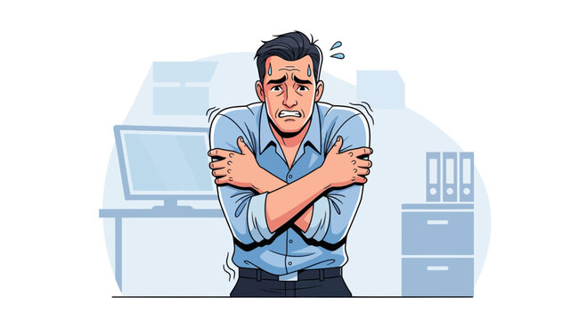 Man Shivering Cold Office Feeling Uncomfortable.