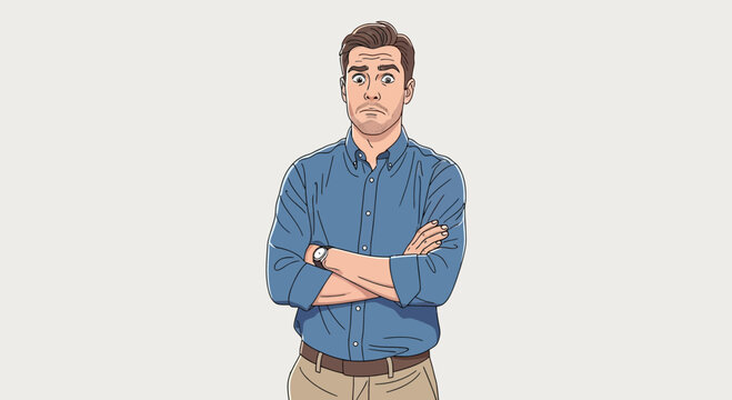 Man with arms crossed looking confused.