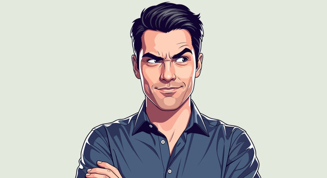 Man with Arms Crossed Looking Sideways with Suspicious Expression.