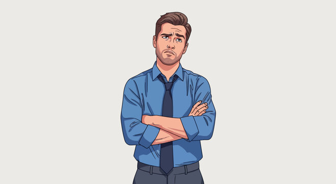 Man with arms crossed looking skeptical.