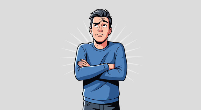 Man with arms crossed looking up thoughtfully.