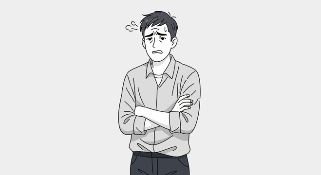 Man with arms crossed looking worried and confused.