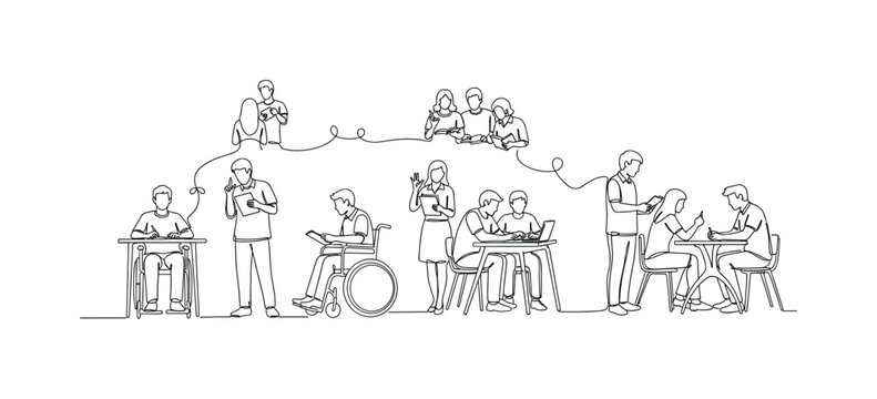 Learning for Everyone. Minimalistic one-line drawing students of different abilities and genders learning together, continuous single black line on white