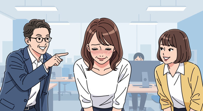Office colleagues teasing a shy woman in the workplace.