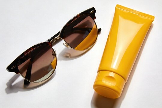 Embalagem de tubo amarelo em branco de protetor solar e &oacute;culos de sol com sombra dura no fundo branco. Mockup de cosm&eacute;ticos de ver&atilde;o.