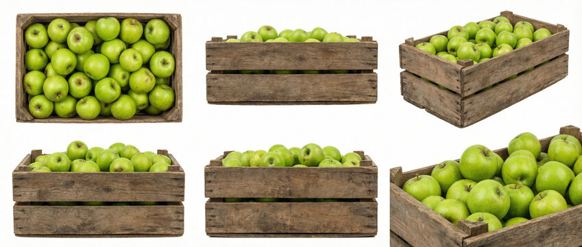 Set of wooden crates filled with fresh green apples from various angles. Agricultural harvest mockup isolated on white background.