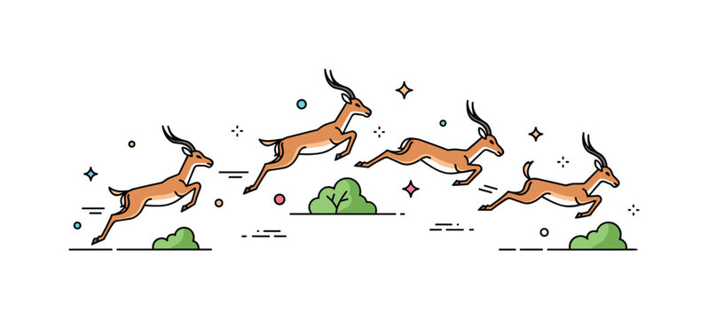 Impalas jumping sequence scene where multiple impalas leap over small shrubs while small sparkle and line icons emphasize agility, energy, and graceful