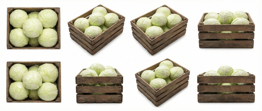 Set of wooden crates filled with fresh white cabbage from various angles. Farm harvest mockup isolated on white background.