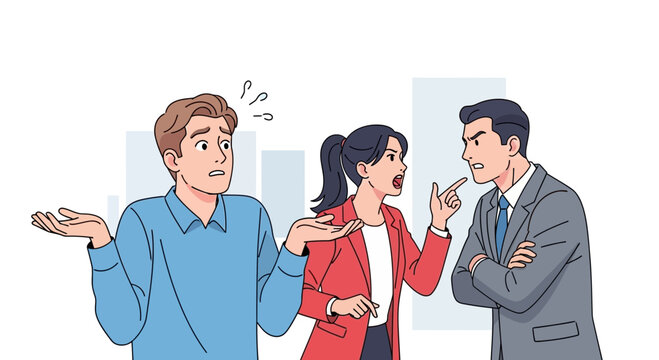 Three people arguing in a business setting with one looking confused.