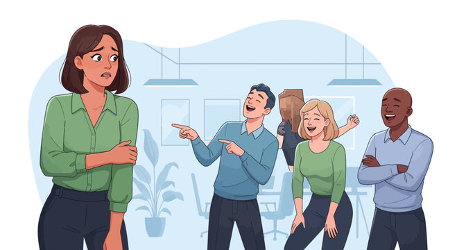 Woman feeling embarrassed as colleagues laugh at her.