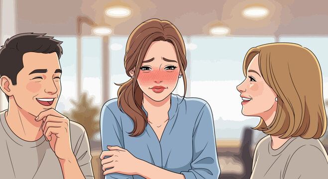 Woman feeling embarrassed between two smiling people.