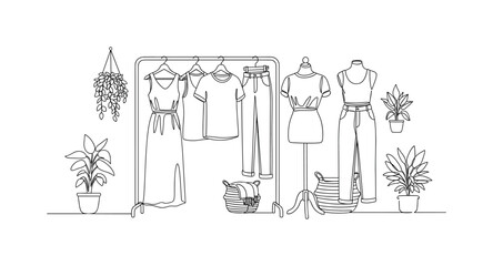 Obraz premium Ethical Fashion Display. Minimalistic one-line drawing store display with eco-friendly clothing, continuous single black line on white background, simple