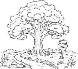 Large deciduous tree with winding path and directional signpost in a landscape nature © Mahmudullah