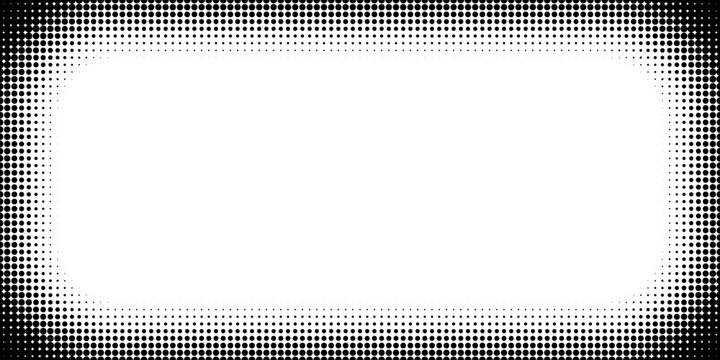 Rectangle frame with halftone dot pattern and gradient fade. Modern vector border design with comic style halftone texture and geometric vignette overlay effect.