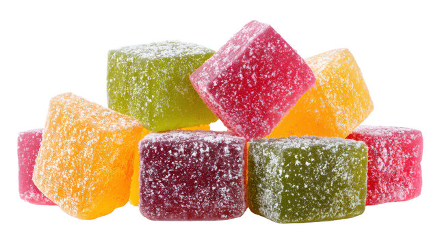Stack of sugar coated fruit jelly cubes in assorted colors isolated on transparent background