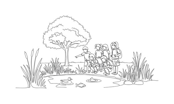 Learning About the Environment. Minimalistic one-line drawing group of schoolchildren observing pond and wildlife, continuous single black line on white