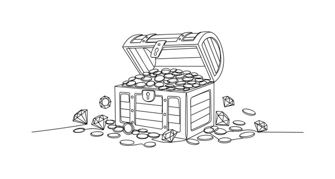 Pirate Treasure Chest. Minimalistic one-line drawing chest with coins and scattered jewels around, continuous single black line on white background, simple
