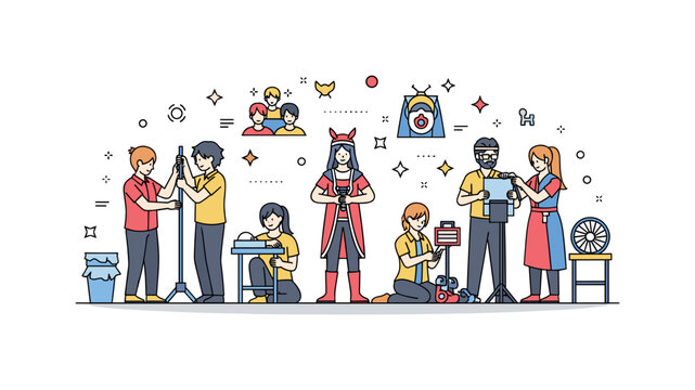 Group cosplay creative backstage concept where cosplayers adjust costumes and props before performance while small sparkle and line icons highlight