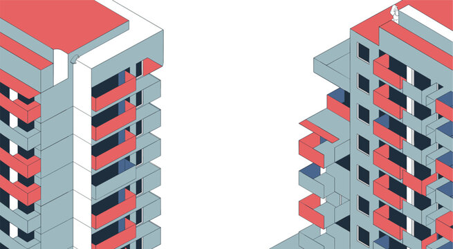 Isometric modern apartment building exterior minimalist architecture residential facade geometric design urban housing balcony structure clean vector illustration