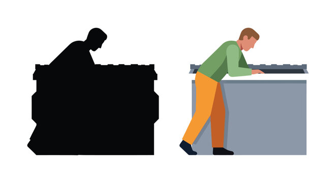 Man looking into dumpster contrasted with a dark silhouette