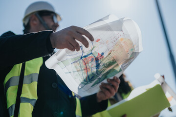 Obraz premium Construction engineers wearing hard hats and high-visibility vests review layered site plans outdoors. The team studies blueprints and maps while coordinating on a sunny construction site.