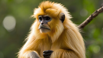Naklejka premium Golden langur sitting quietly on branch soft sunlight
