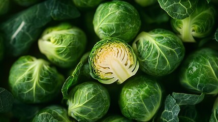 Fototapeta premium Artistic Composition of Halved Organic Brussels Sprouts with Scattered Leaves on Vibrant Backdrop