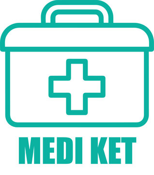 Teal outline medical kit with cross symbol and text 'MEDI KET'
