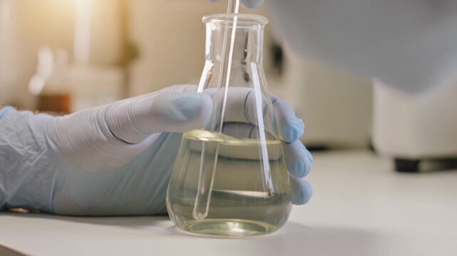 Gloved hands stirring solution in laboratory flask