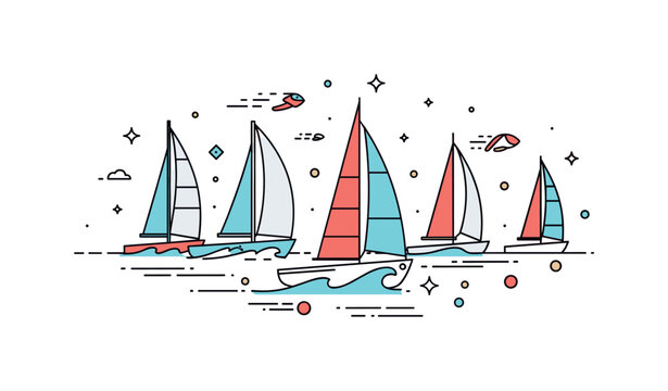 Sailing boat racing competition scene where multiple boats maneuver through waves while tiny sparkle and line icons highlight skill, speed, and challenge. The