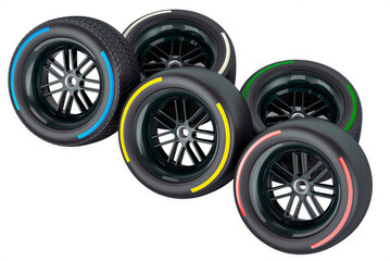 Obraz premium car wheel and tires. Racing wheels with different types of tire compounds. Soft, hard, medium, intermediate, and wet racing tires. template strategy team principal
