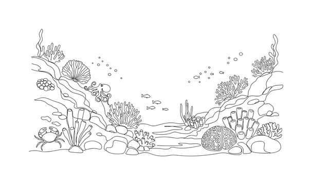 Deep Sea Terrain. Minimalistic one-line drawing rocks, coral, and subtle sea creatures on ocean floor, continuous single black line on white background, simple