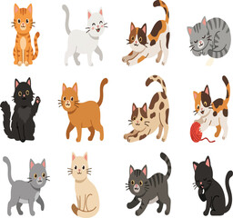 Fototapeta premium A group of cartoon cats in different poses and colors
