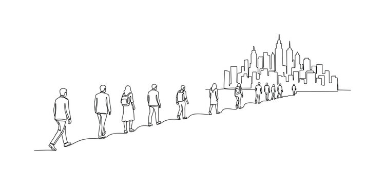 Population Relocation. Minimalistic one-line drawing people heading toward urban area with tall buildings, continuous single black line on white background,