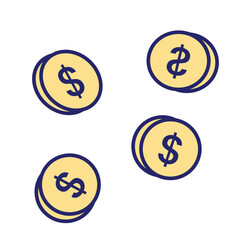 Obraz premium The illustration shows four yellow coins with dollar signs stacked horizontally and vertically on a white background with money.
