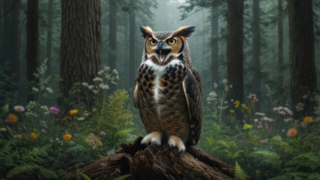 Majestic owl in a misty forest clearing