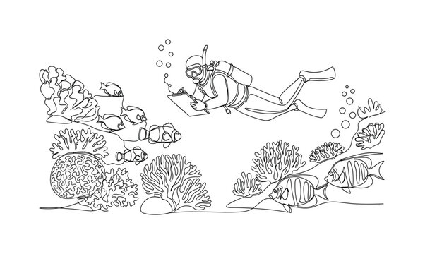 Coral Reef Survey. Minimalistic one-line drawing diver documenting coral and fish species, continuous single black line on white background, simple outline