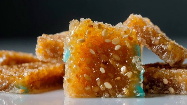 Macro shot of sliced gajak sesame brittle. Traditional Indian winter sweet for Lohri festival. Close-up of til gur dessert